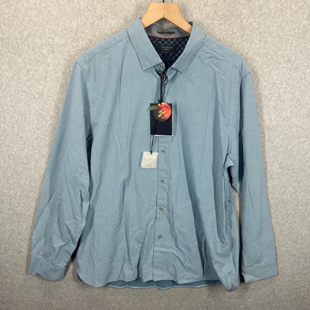 Ted Baker Button Down Shirt Mens 6 Blue Geometric Print Long Sleeve NWT